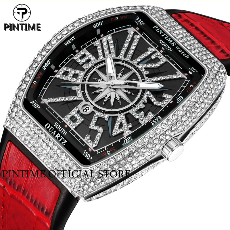 

PINTIME Quartz Watch Men Luxury Tonneau Iced Out Diamond Hip Hop Watches Man Mens Wristwatch Clock Male zegarek meski montre