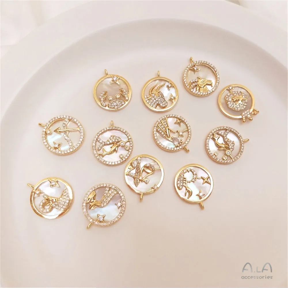 

14K copper wrapped real gold colorful 12 zodiac signs necklace pendant micro-encrusted zirconia sea color shell senior sense diy