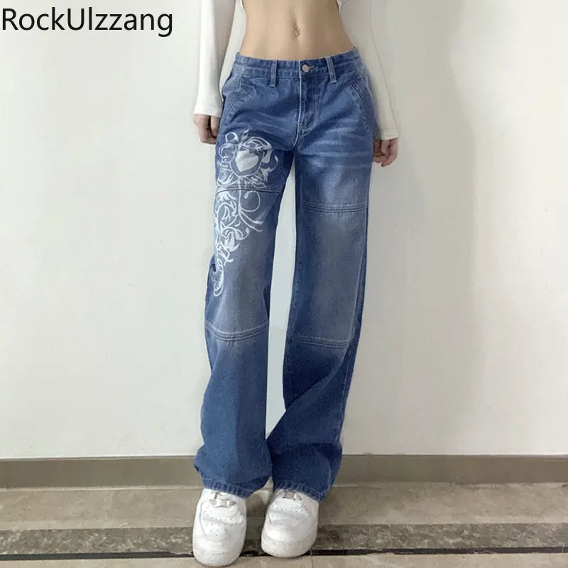 

Синие джинсы с низкой посадкой и принтом, женские джинсовые брюки y2k, уличная одежда, модные свободные прямые мешковатые длинные брюки-бойфренды в стиле Харадзюку с широкими штанинами