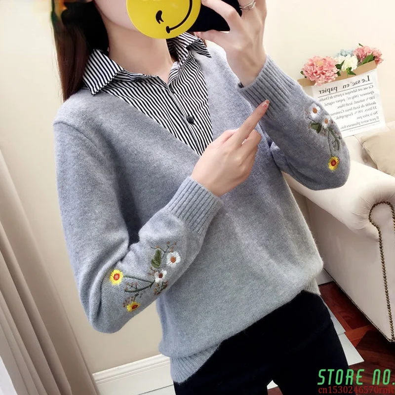 Knitted Women Sweaters Floral Embroidery Striped Patchwork Female Pullovers Spring Autumn Casual Long Sleeve Sweaters
Knitted Women Sweaters Floral Embroidery Striped Patchwork Female Pullovers Spring Autumn Casual Long Sleeve Sweaters