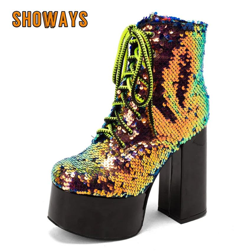British Winter Women Platform Martin Boots Green Gold High Heel Square Toe British Lady Lace-up Plush Sequined Cloth Ankle Boots
British Winter Women Platform Martin Boots Green Gold High Heel Square Toe British Lady Lace-up Plush Sequined Cloth Ankle Boots