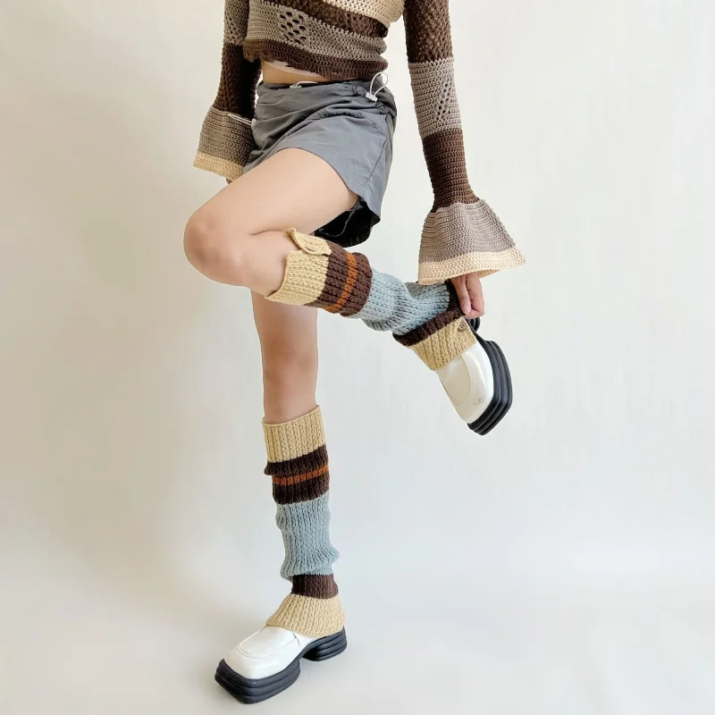 

Gyaru Leg Warmers Kawaii Knitted Striped Leg Warmer Knee High Socks Japanese Boot Cuff Jk Winter Button Leg Cover Hosiery
