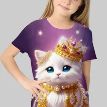 Girls Summer T-shirt Short Sleeve Animal Cat Active Polyester Day Wear Childrens Print 2-14 Year Old 3D Print Pattern Shirt