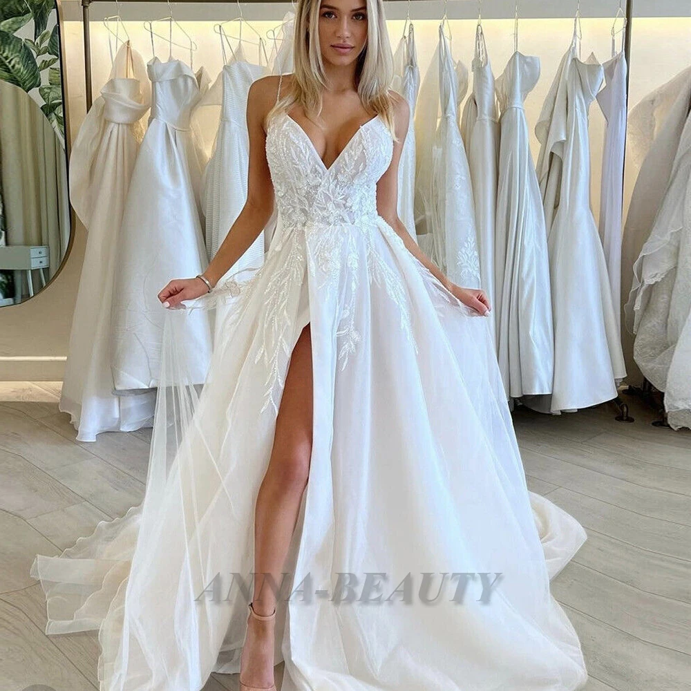 

Anna Sexy Tulle Wedding Dress For Bride Applique Slit A Line V Neck Spaghetti Strap Sweep Train Lacing Up Sleeveless Custom Made