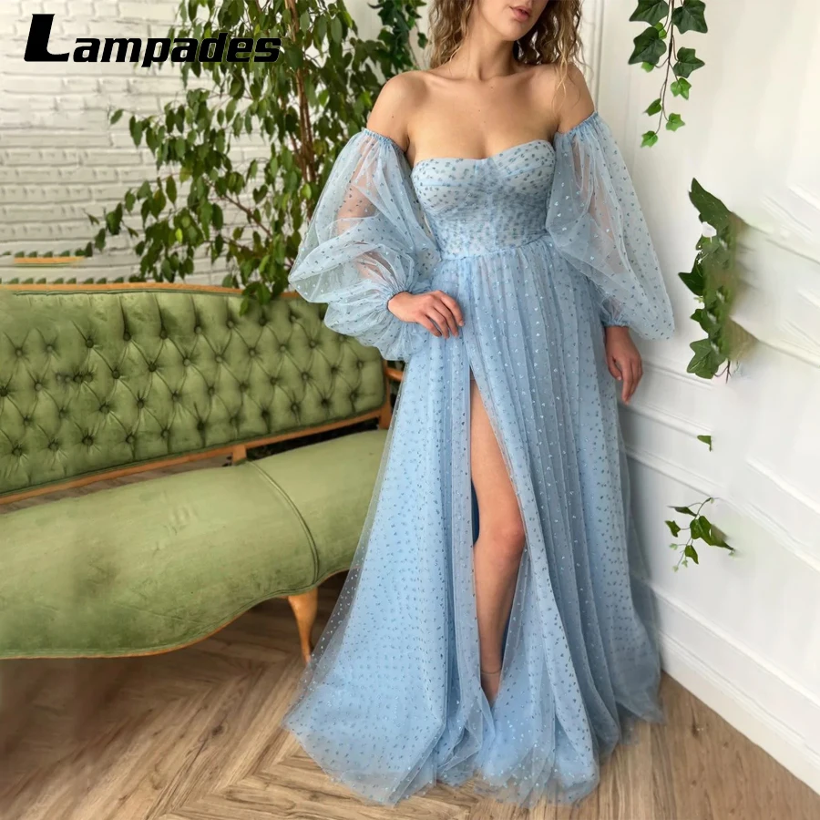 

Off-Shoulder Long Puffy Sleeves Baby Blue Tulle a-Line Prom Dress Leg Slit Sexy Evening Dress Vestidos De Fiesta Largos Mujer