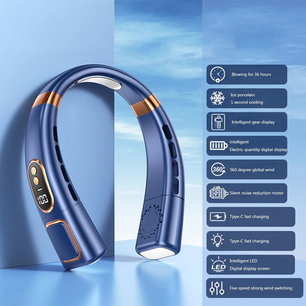 Вентилятор с шейным ремешком 1200/1800 мАч, вентилятор без пузырьков, 5-скоростной перезаряжаемый светодиодный, цифровой дисплей для внутреннего использования на открытом воздухе, USB 
Вентилятор с шейным ремешком 1200/1800 мАч, вентилятор без пузырьков, 5-скоростной перезаряжаемый светодиодный, цифровой дисплей для внутреннего использования на открытом воздухе, USB