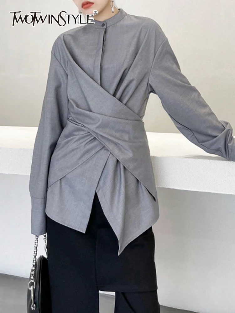 TWOTWINSTYLE Casual Straight Shirt For Women Stand Collar Long Sleeve Patchwork Fake Two Piece Blouses Female Spring Clothes New 
TWOTWINSTYLE Casual Straight Shirt For Women Stand Collar Long Sleeve Patchwork Fake Two Piece Blouses Female Spring Clothes New