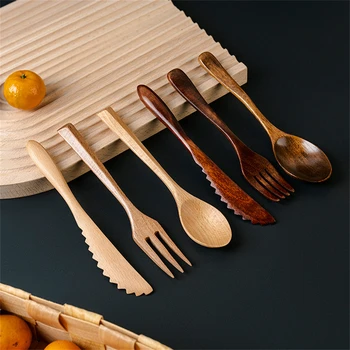 3Pcs Wooden Tableware Set Home Kitchen Cooking Fork and Spoon Natural Teak Table Knife Western Restaurant Coffee Spoon Tool Gift
