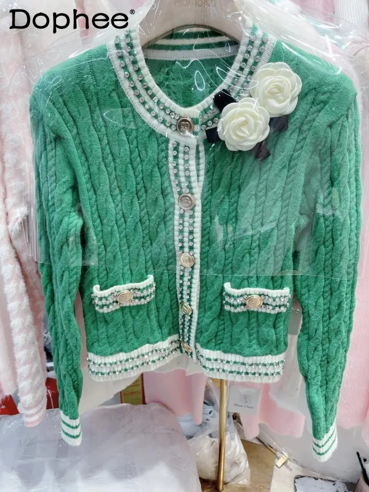Heavy Diamond Color Contrast Patchwork Knitted Cardigan Coat Women Fall Winter Pockets Crew-Neck Elegant Corsage Knit Sweater
Heavy Diamond Color Contrast Patchwork Knitted Cardigan Coat Women Fall Winter Pockets Crew-Neck Elegant Corsage Knit Sweater