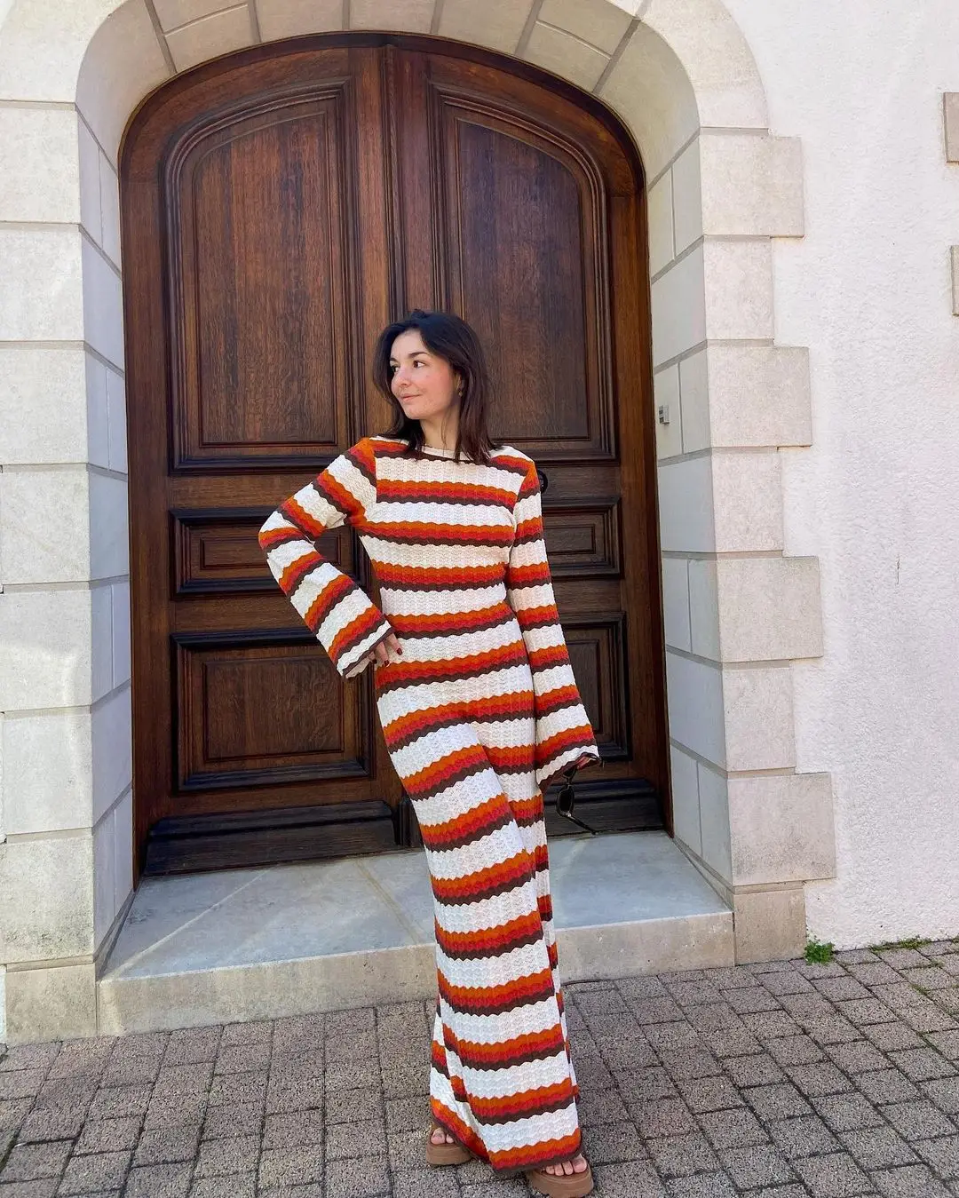 Women's Cotton Knitted Bodycon Backless Dress Striped Hollowed Out Flared Sleeves Ruffle Vestidos O-neck Vacation Wave Cut Robe
Women's Cotton Knitted Bodycon Backless Dress Striped Hollowed Out Flared Sleeves Ruffle Vestidos O-neck Vacation Wave Cut Robe