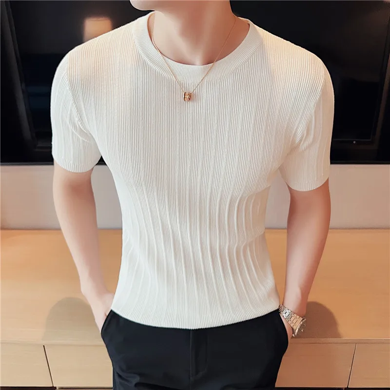 2022 Summer Knitted Elasticity Pullover Men Round Neck Short Sleeve Sweater Slim Fit Striped T Shirt Club Social streetwear Tops
2022 Summer Knitted Elasticity Pullover Men Round Neck Short Sleeve Sweater Slim Fit Striped T Shirt Club Social streetwear Tops