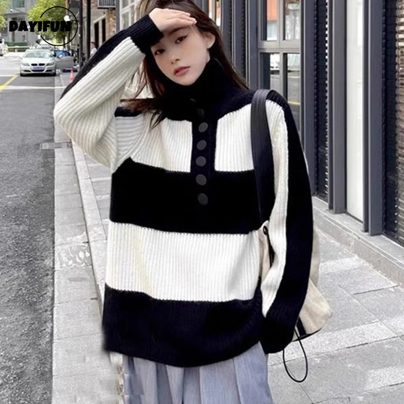 

DAYIFUN Oversized Contrast Color Knitted Sweater Women Design Niche Retro Loose Lapel 2022 Autumn Winter Streetwaer Female Tops