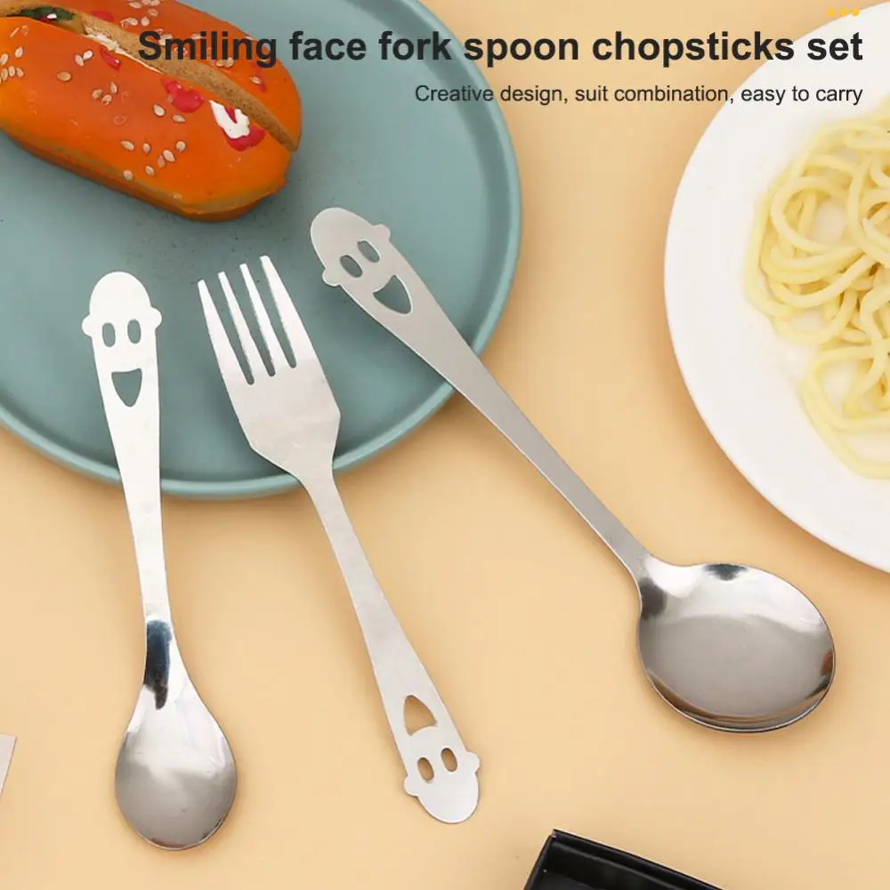 

Portable Stainless Steel Happy Smiling Face Tableware Two-Piece Chopsticks Spoon Fork Cutlery Dinnerware With Gift Box Christmas
