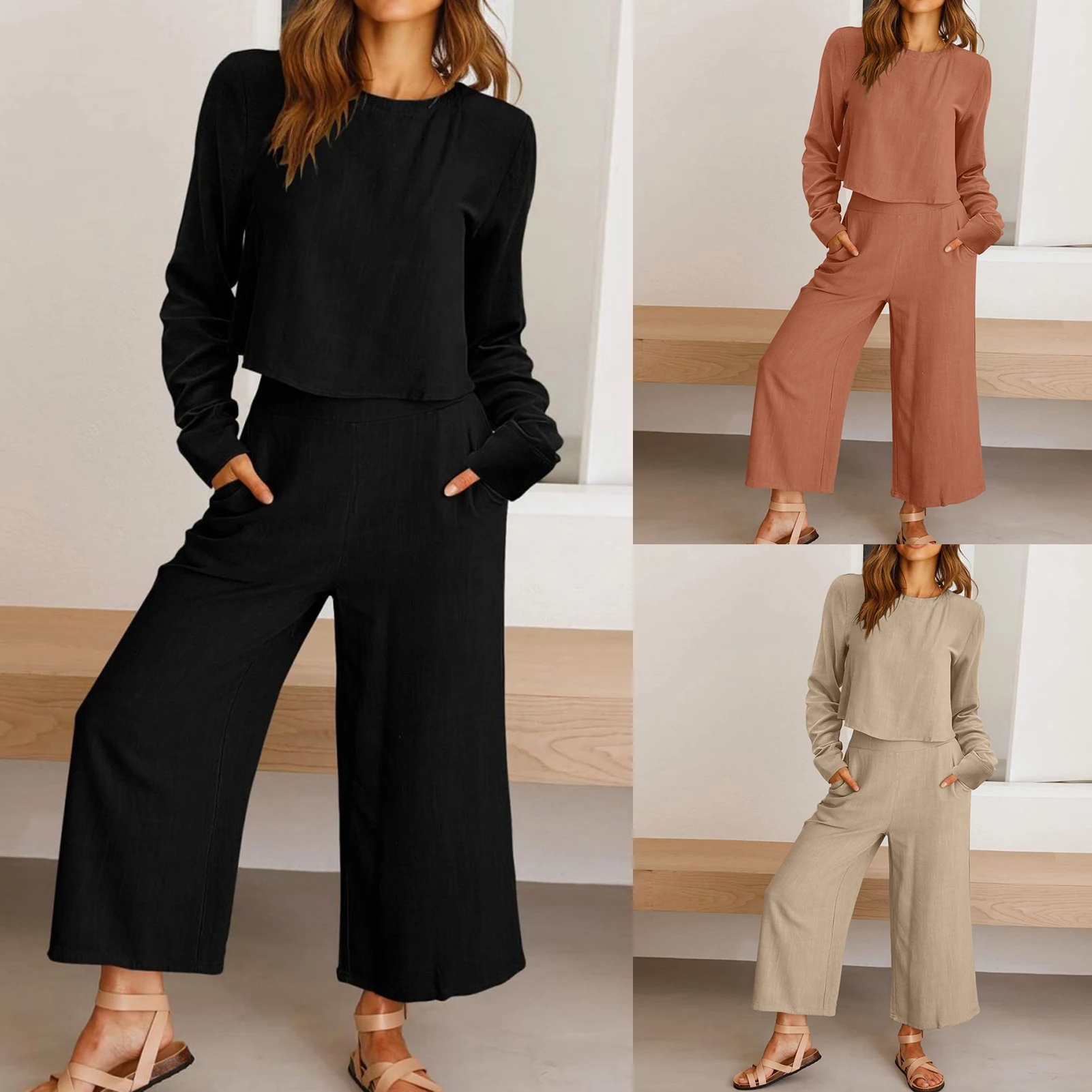 

2023 Summer Autumn Two Piece Sets Women Long Sleeve Top Wide Leg Solid Color High Waisted Loose Fit Crew Neck Daily Outfit