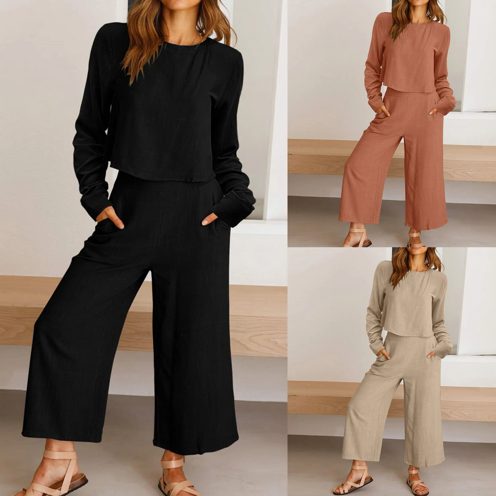 2023 Summer Autumn Two Piece Sets Women Long Sleeve Top Wide Leg Solid Color High Waisted Loose Fit Crew Neck Daily Outfit
2023 Summer Autumn Two Piece Sets Women Long Sleeve Top Wide Leg Solid Color High Waisted Loose Fit Crew Neck Daily Outfit