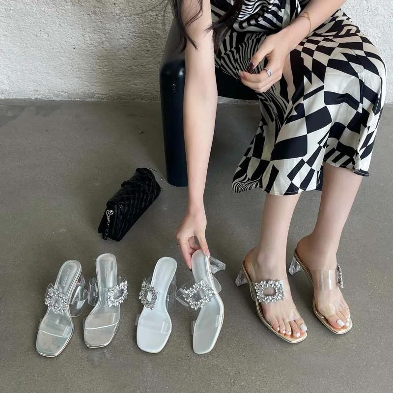 

Женские босоножки на квадратном каблуке, летние сандалии с квадратной пряжкой и стразами, элегантные тапки, 2023