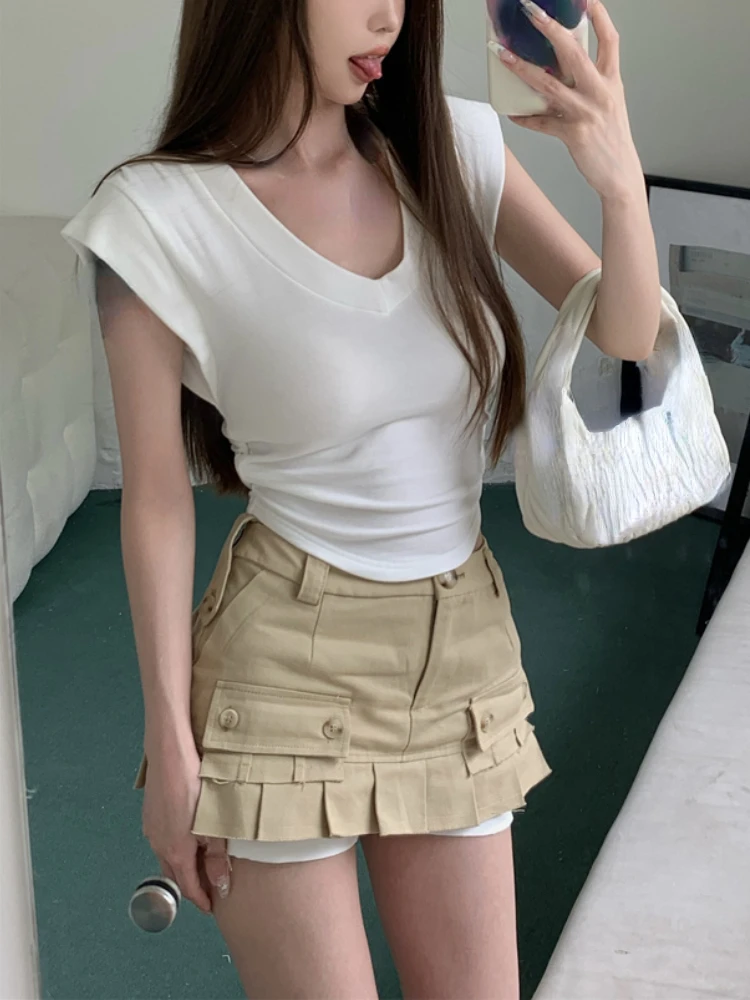 Винтажная облегающая блузка, Офисная Женская Повседневная Верхняя одежда, Женский Топ с коротким рукавом, привлекательная футболка Y2k, корейская мода, шикарная Летняя коллекция 2023 года 
Винтажная облегающая блузка, Офисная Женская Повседневная Верхняя одежда, Женский Топ с коротким рукавом, привлекательная футболка Y2k, корейская мода, шикарная Летняя коллекция 2023 года