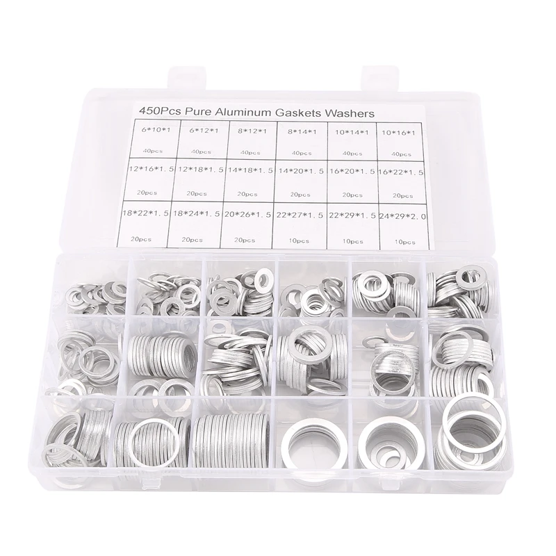 450Pcs Aluminum Gasket Aluminum Flat Washer Aluminum Sealing Ring Combination
450Pcs Aluminum Gasket Aluminum Flat Washer Aluminum Sealing Ring Combination