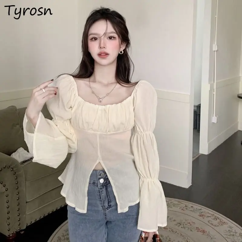 Blouses Women Flare Sleeve All-match Shirring Fashion Square Collar Leisure Pure Minimalist Sweet Female Korean Style Spring New
Blouses Women Flare Sleeve All-match Shirring Fashion Square Collar Leisure Pure Minimalist Sweet Female Korean Style Spring New
