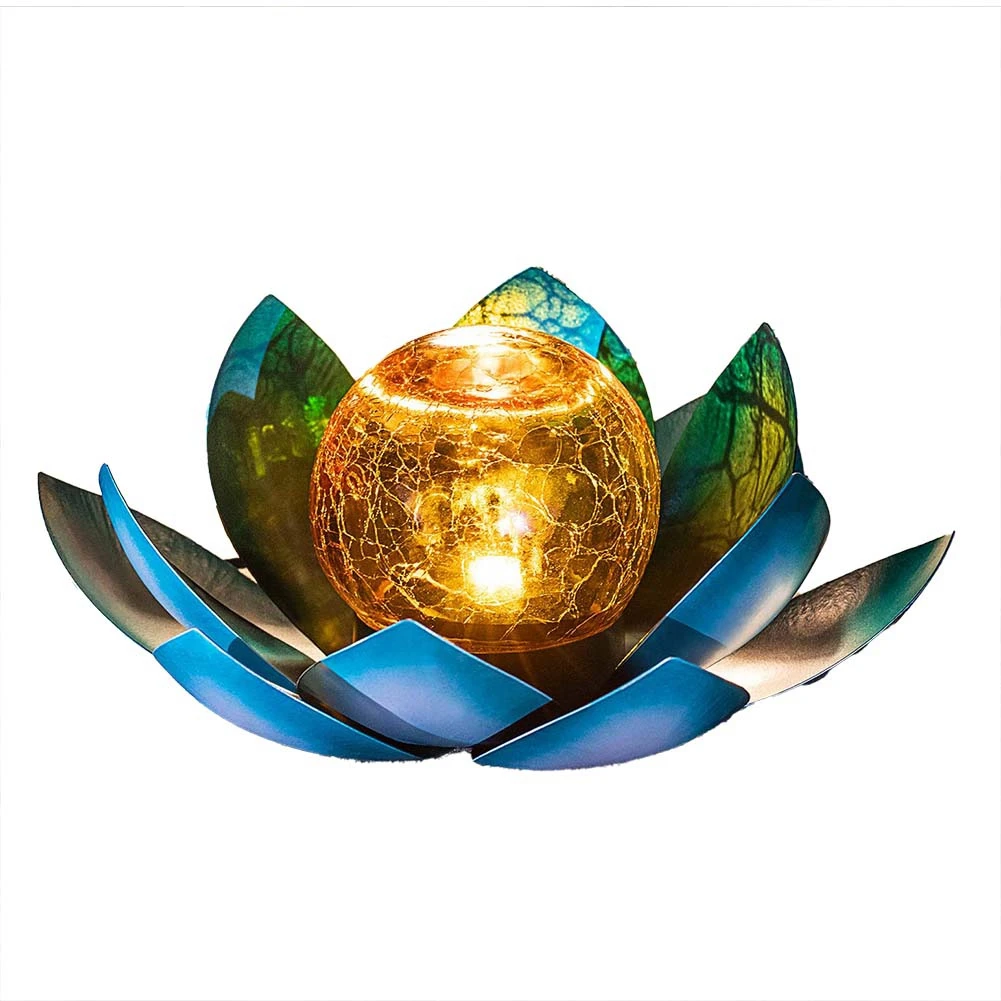 

Уличное садовое украшение на солнечной батарее, янтарный трещинный шар, стеклянный Лотос, водонепроницаемое серое металлическое цветочное оформление (синий)