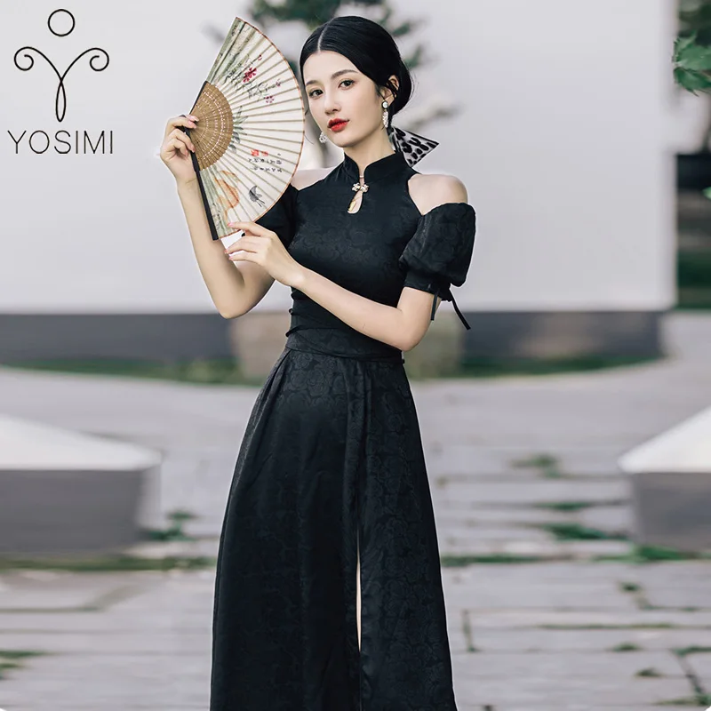 YOSIMI Black Long Dress Women 2022 Summer Jacquard Chinese Style Cheongsam A-line Mid-calf Short Sleeve Sexy Evening Party Dress
YOSIMI Black Long Dress Women 2022 Summer Jacquard Chinese Style Cheongsam A-line Mid-calf Short Sleeve Sexy Evening Party Dress