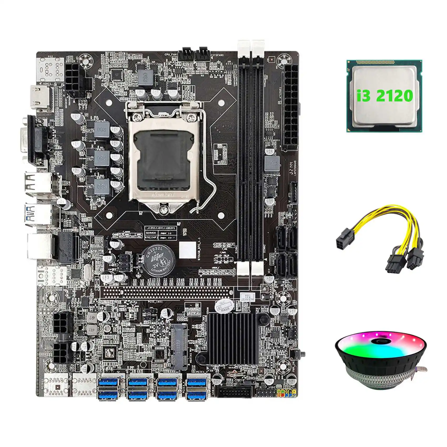 Материнская плата B75 ETH 8XPCIE к USB + I3 2120 ЦПУ + RGB вентилятор + 6Pin к двойному 8Pin кабелю, материнская плата LGA1155 B75 BTC для майнинга
Материнская плата B75 ETH 8XPCIE к USB + I3 2120 ЦПУ + RGB вентилятор + 6Pin к двойному 8Pin кабелю, материнская плата LGA1155 B75 BTC для майнинга