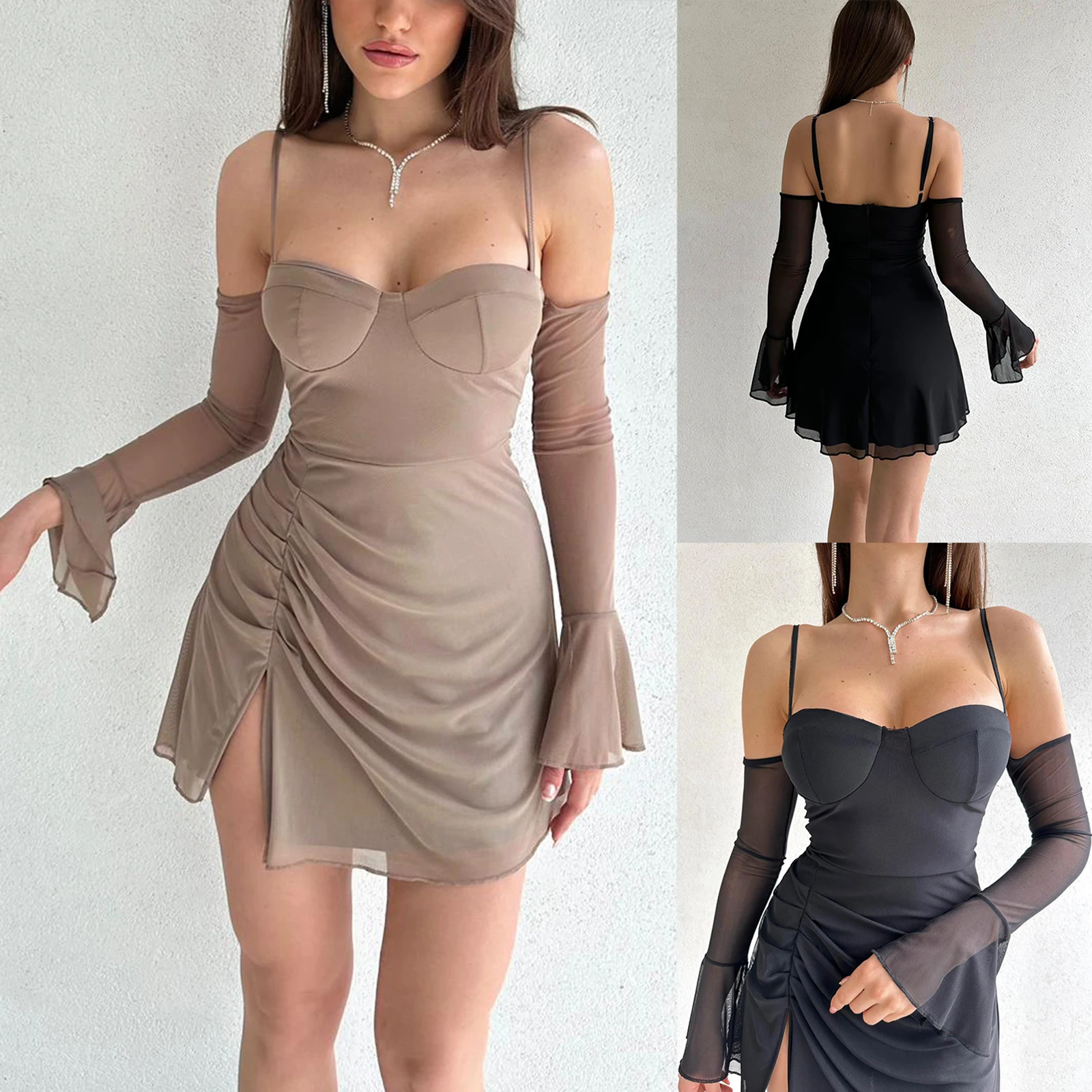 

Women's Fashion Slip Off-Shoulder Dress Spaghetti Straps Backless Slit Summer Bodyscon Mini Dress with Oversleeves Clubwear