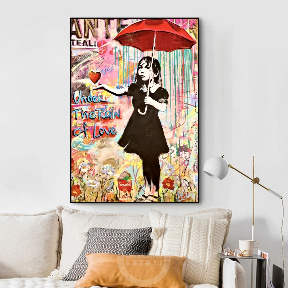 

Under The Rain Of Love Pop Art Poster Canvas Painting Graffiti Girl With Umbrella Prints Wall Art Picture Living Room Home Decor