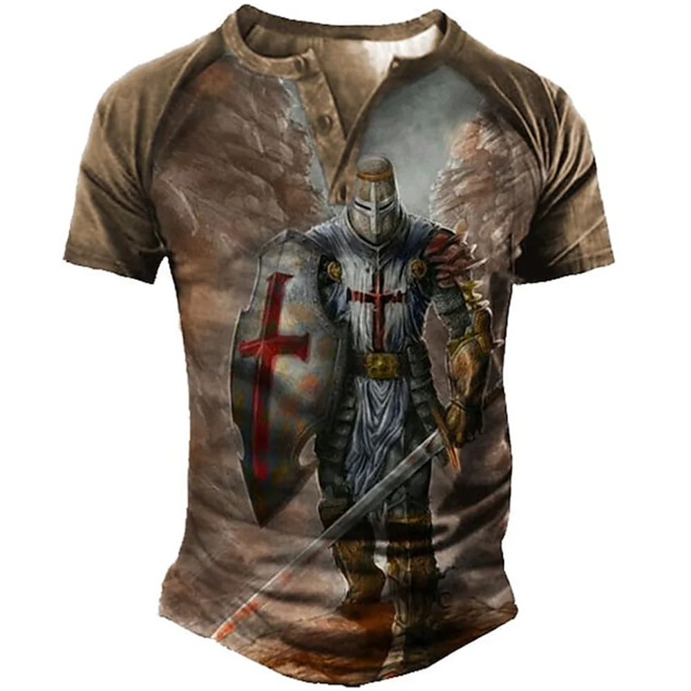 

Oversized T-shirt for Men Vintage 3D Printed Clothing Templars Knight Henley T-shirts Gothic V-neck Short Sleeve Tee Ropa Hombre