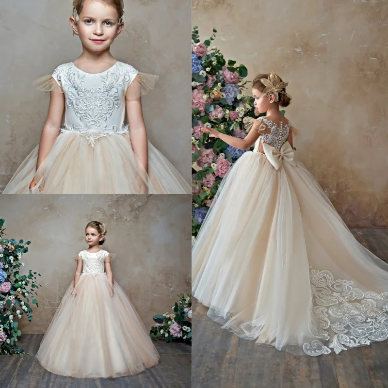 

Flower Girl Dresses Champagne Puffy Pearl Lace Appliques Bow With Trailing For Wedding Birthday Party First Communion Gowns