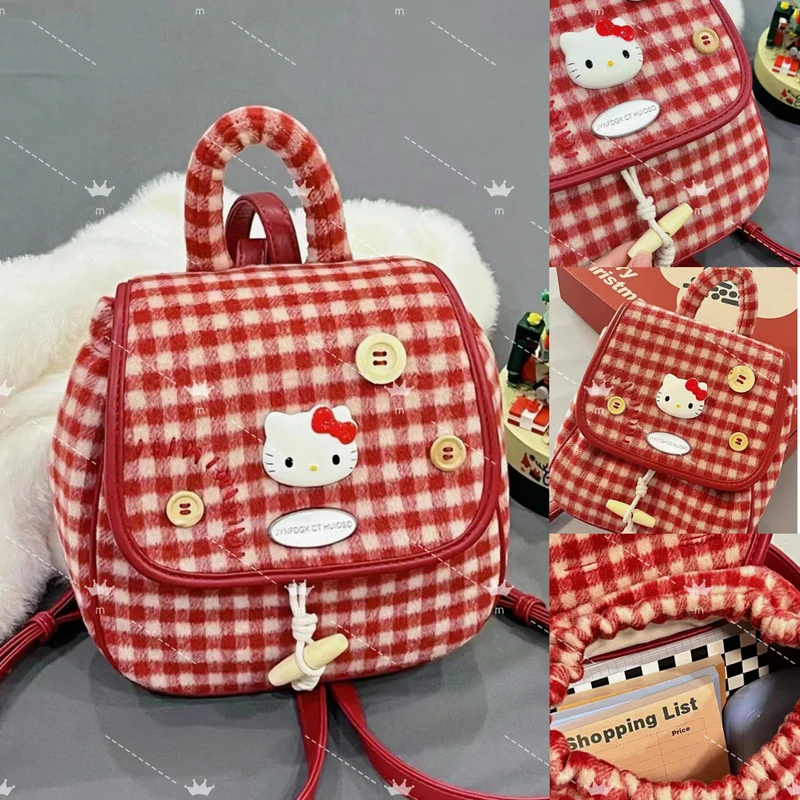 Осенний новый маленький рюкзак Hello Kitty в красную клетку стиле ретро легкий