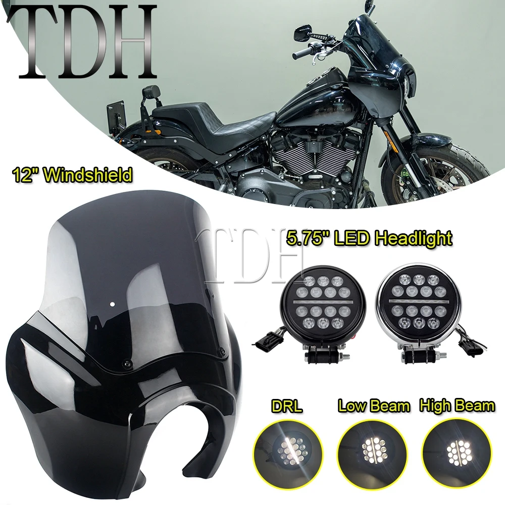 

5.75 LED Headlight Projection Fairing 12" Windshield Cowl For Harley Softail Low Rider S 114 117 FXLRS Front Light Extension Kit