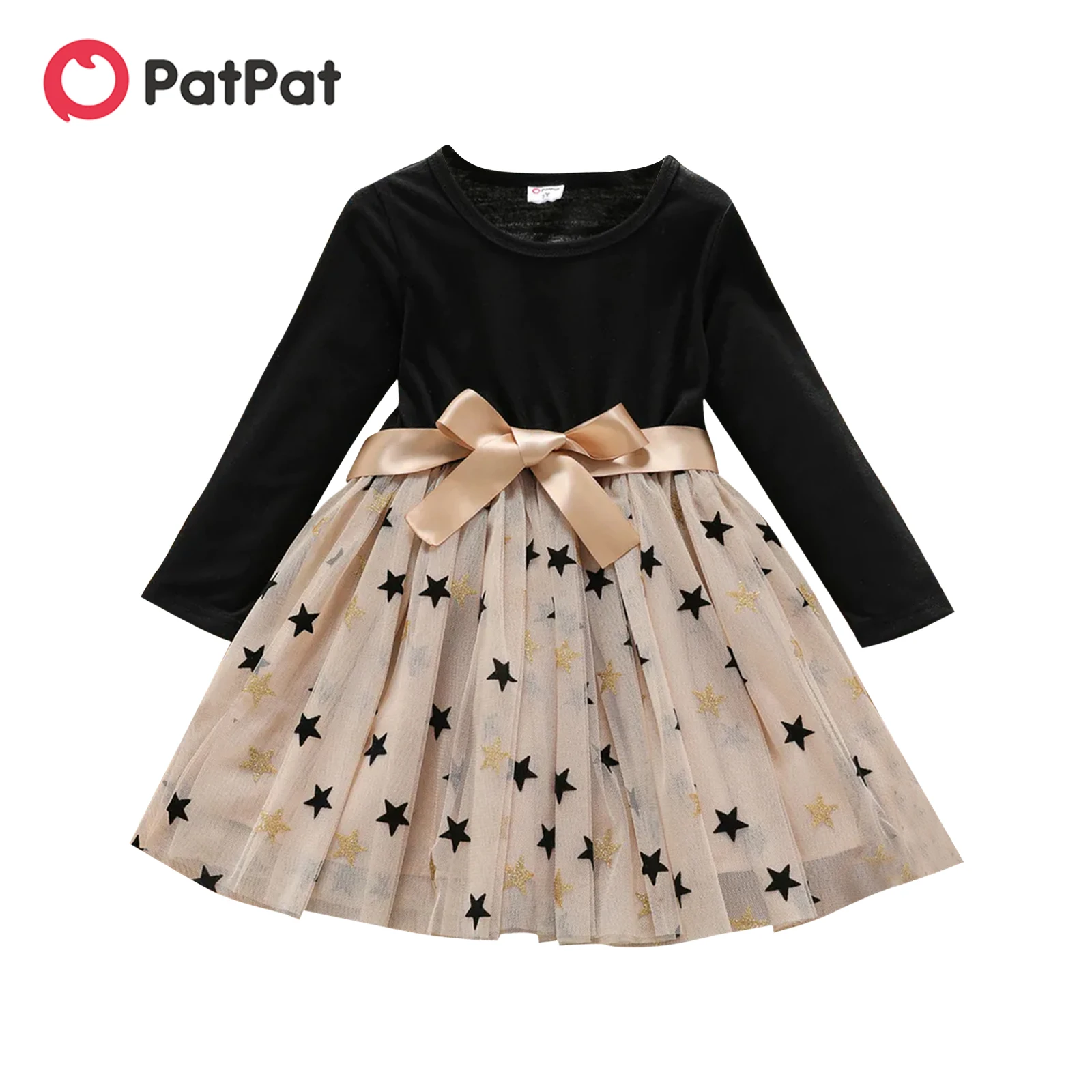

PatPat Toddler Girl Stars Glitter Design Mesh Splice Belted Long-sleeve Dress
