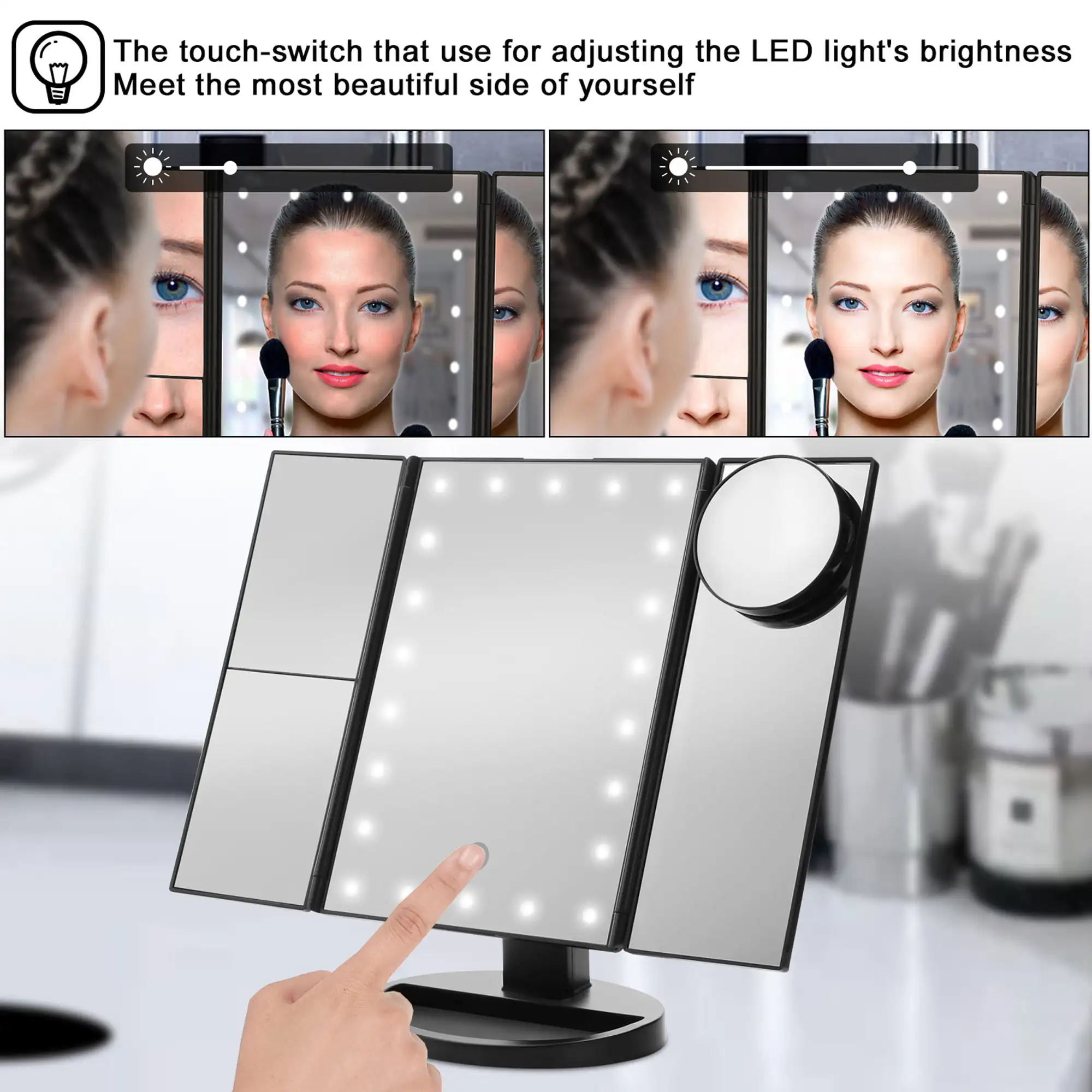 22 LEDs Vanity Mirror Makeup Mirror, 10X 3X 2X 1X Magnified 180 Rotatable Touch Light up Battery/USB Powered
22 LEDs Vanity Mirror Makeup Mirror, 10X 3X 2X 1X Magnified 180 Rotatable Touch Light up Battery/USB Powered
