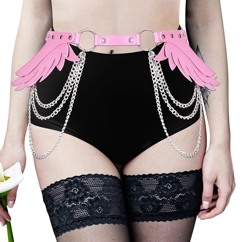 

Angel Wings Harness Women belt Pink Leather Garter Belt Gothic Suspender Body Bondage Waist Thigh Strap Sexy Lingerie Cage