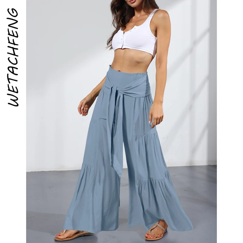Women Pants Summer Beach Boho Holiday Elegant Wide Leg Pants Folds Lace Up High Waist Pleated Dance Loose Casual Lady Trousers 
Women Pants Summer Beach Boho Holiday Elegant Wide Leg Pants Folds Lace Up High Waist Pleated Dance Loose Casual Lady Trousers
