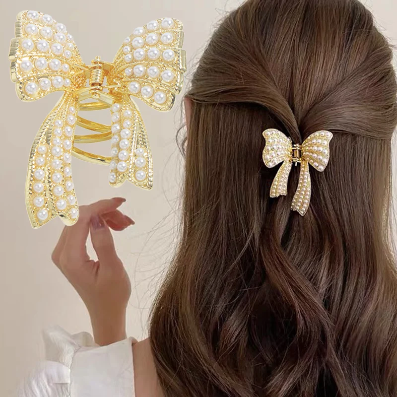 

Women Elegant Pearl Bowknot Hair Clip Headdress Metal Inlaid Pearl Hairpin Shark Clips Fashion Bow Grab Clip Jewelry Accessories