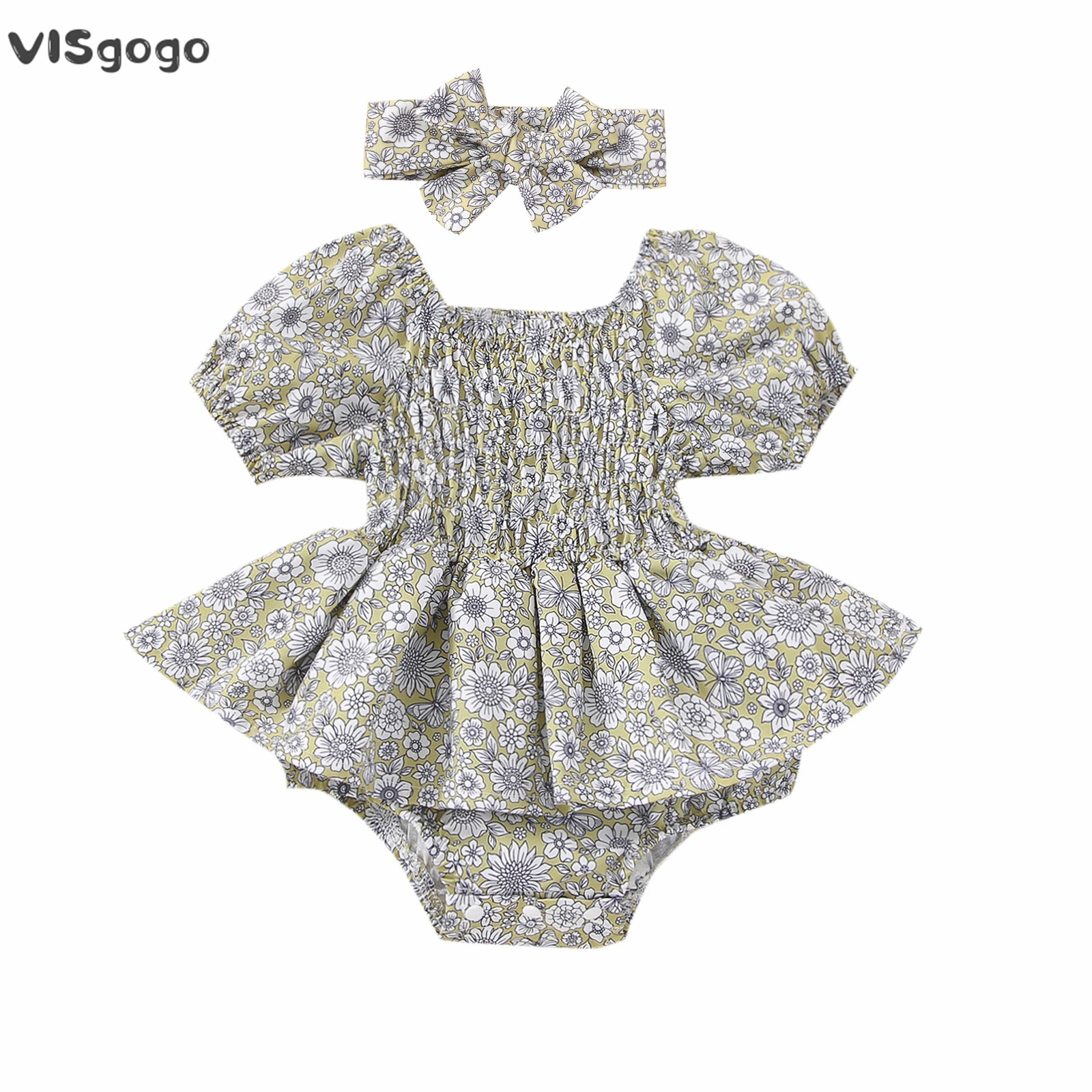 VISgogo Toddler Baby Girls Romper Set Puff Sleeve Off-shoulder Flower A-line Dress with Bowknot Headband Summer Clothes
VISgogo Toddler Baby Girls Romper Set Puff Sleeve Off-shoulder Flower A-line Dress with Bowknot Headband Summer Clothes