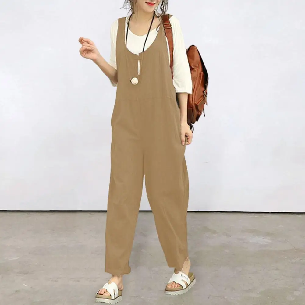 

2023 Women Jumpsuit Summer Sleeveless Scoop Neck Solid Color Loose S to 2XL Ladies Casual Pants Long Romper Overall Daily Wear