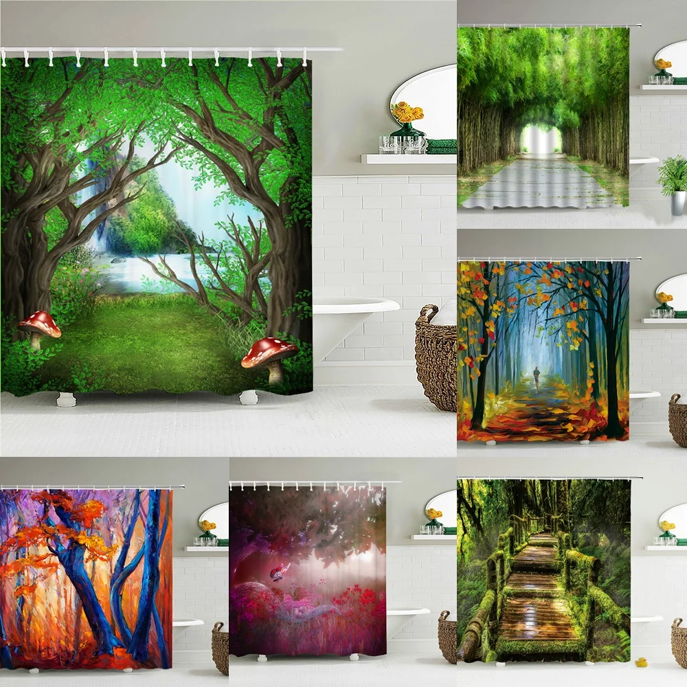 

Green Forest Natural Scenery Shower Curtain Fantasy Mushroom Trees Landscape Cloth Fabric Bathroom Decor Bathtub Screen Set Home