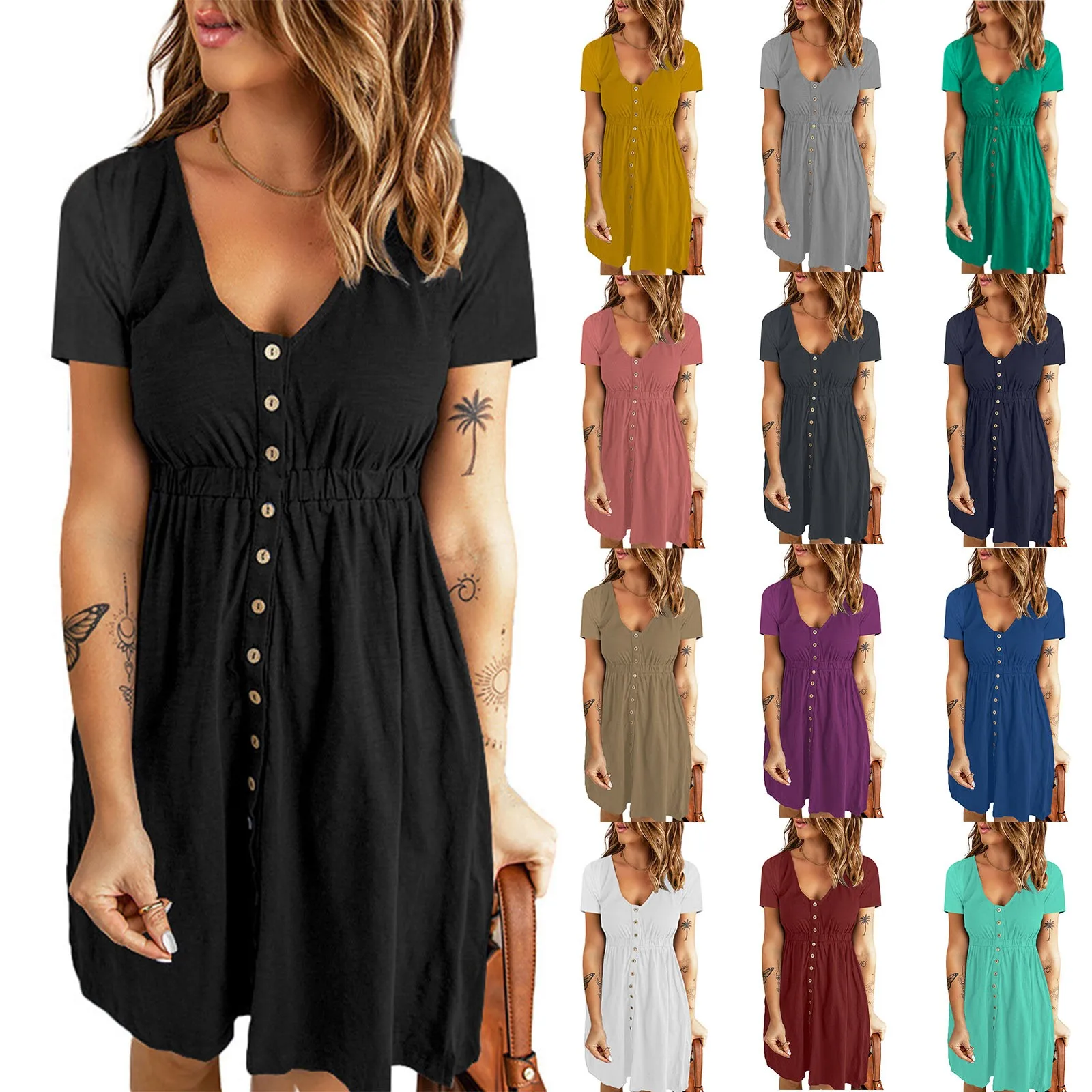 Summer Solid Color S-3xl S-2xl Women Dress Casual Sundress Single-breasted V-neck Dress Robe Female Holiday Mini Dress Vestido
Summer Solid Color S-3xl S-2xl Women Dress Casual Sundress Single-breasted V-neck Dress Robe Female Holiday Mini Dress Vestido