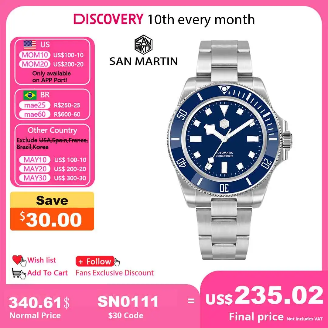 

2023 New San Martin Men Diver Watch Stainless Steel NH35 Automatic Mechanical Watches Classic Snowflake Hands Waterproof 300m