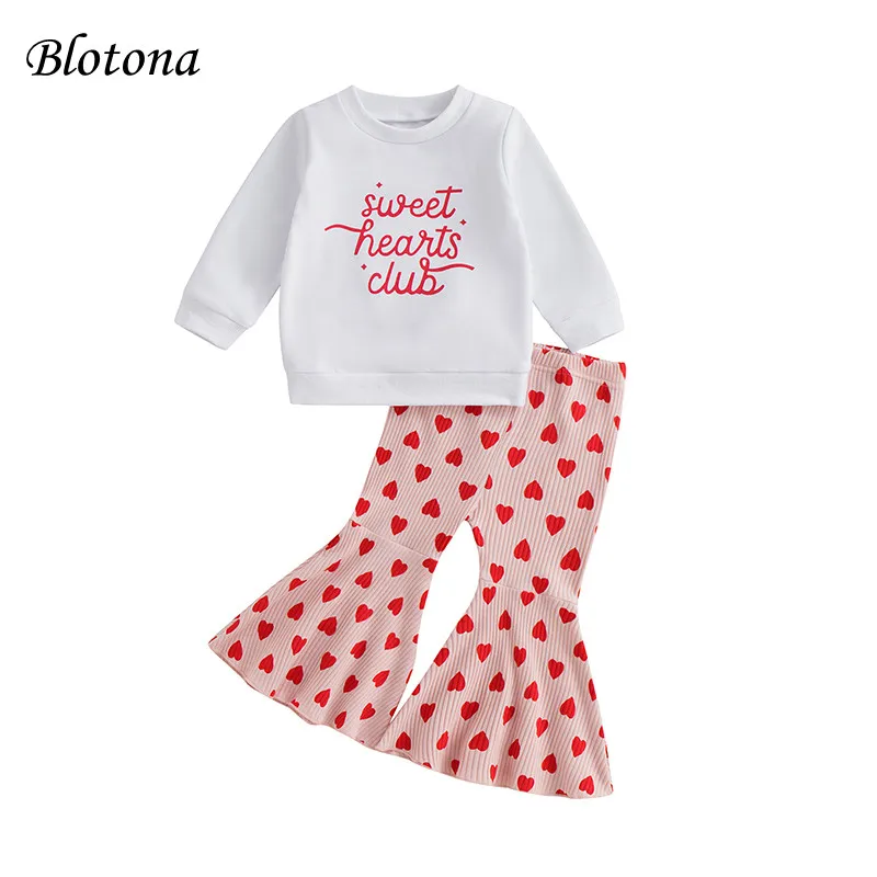 

Blotona Kids Girls Valentine's Day Suit, Long Sleeve O-Neck Letters Print Tops + Casual Heart Bell-Bottoms Pants, 3Months-4Years