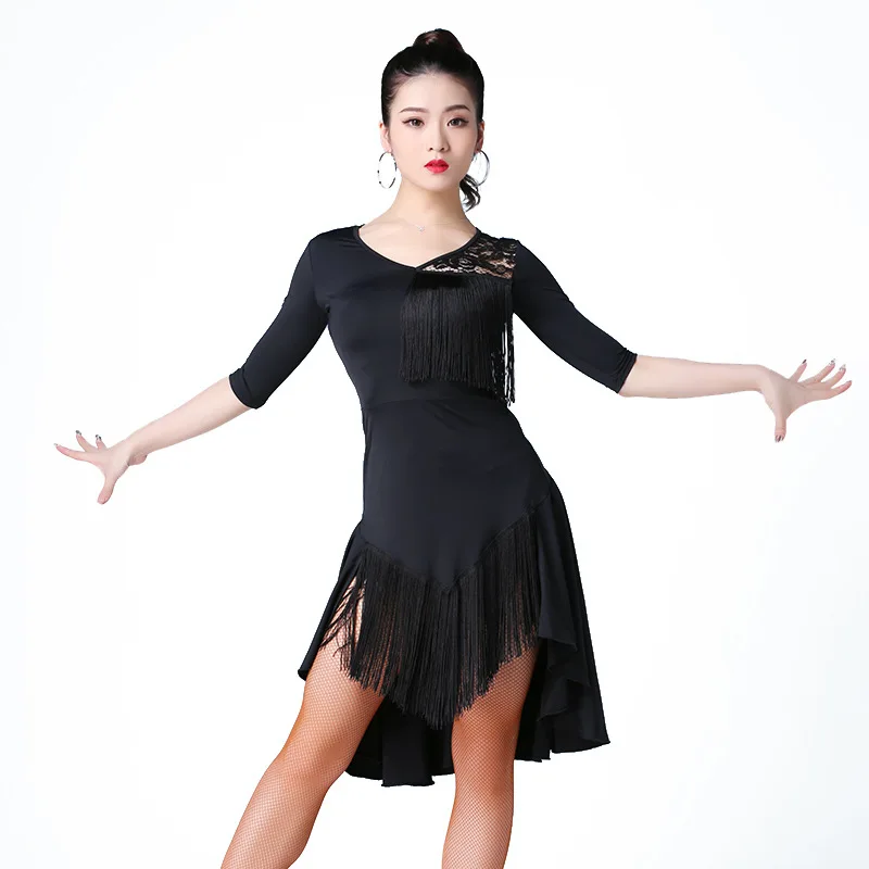 Black Nylon Latin Costume with Mid Sleeves and Irregular Fringed Skirt For Ladies & Women Dance Performance Dresses L22011
Black Nylon Latin Costume with Mid Sleeves and Irregular Fringed Skirt For Ladies & Women Dance Performance Dresses L22011