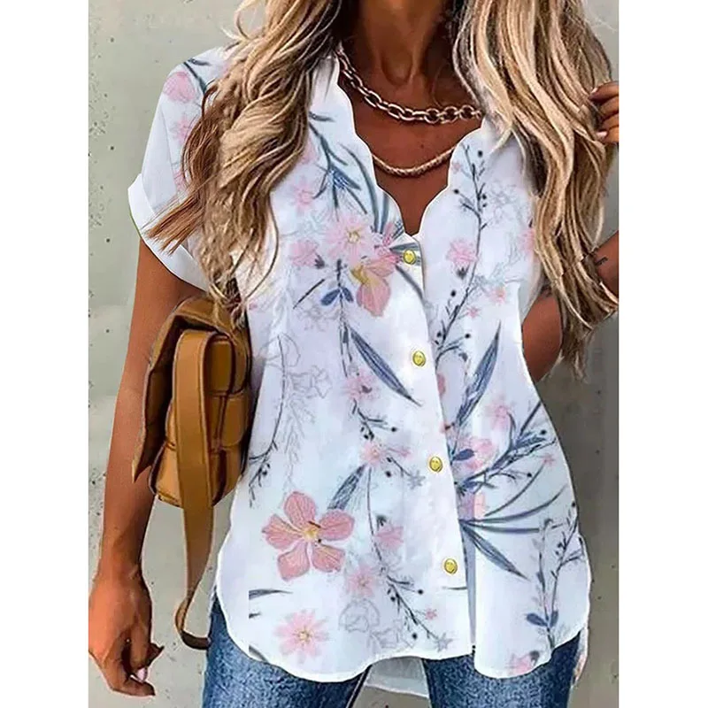 

2022 Summer Casual Office Lady Shirt Tops New Women's Printed Short Sleeve Shirt Leopard Floral Spring Blouse Shirt Blusas 22088