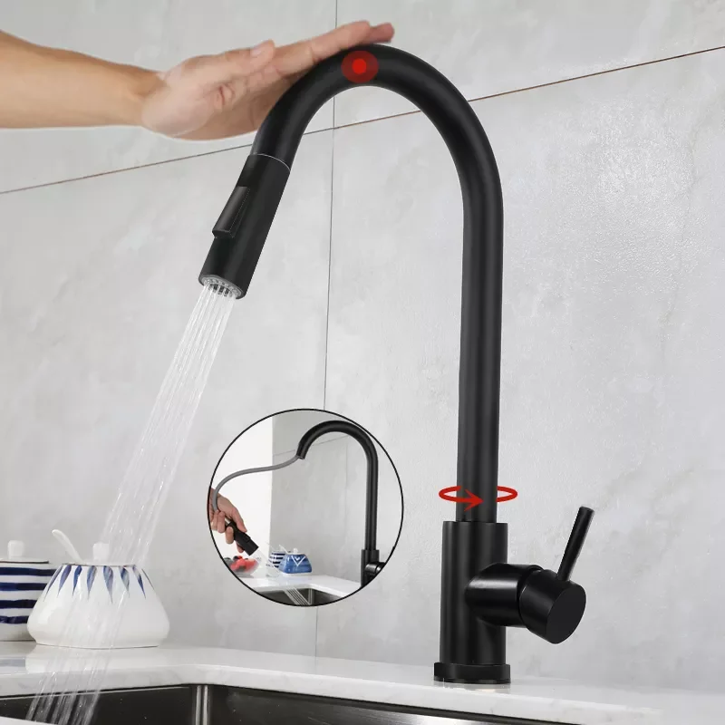 Pull Out Black Sensor Kitchen Faucet Smart Induction Stainless Steel Mixer Tap Touch Control Sink Tap 2 Modes Hot and Cold Water
Pull Out Black Sensor Kitchen Faucet Smart Induction Stainless Steel Mixer Tap Touch Control Sink Tap 2 Modes Hot and Cold Water