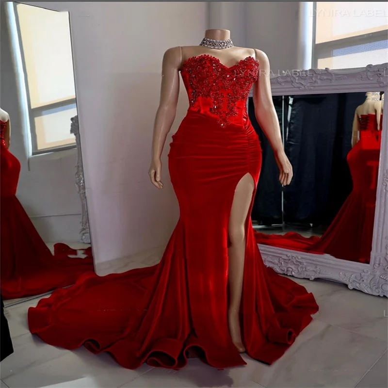

Женское вечернее платье-русалка, Красное Кружевное блестящее платье с аппликацией, без бретелек, с бусинами, для выпускного вечера, 2023