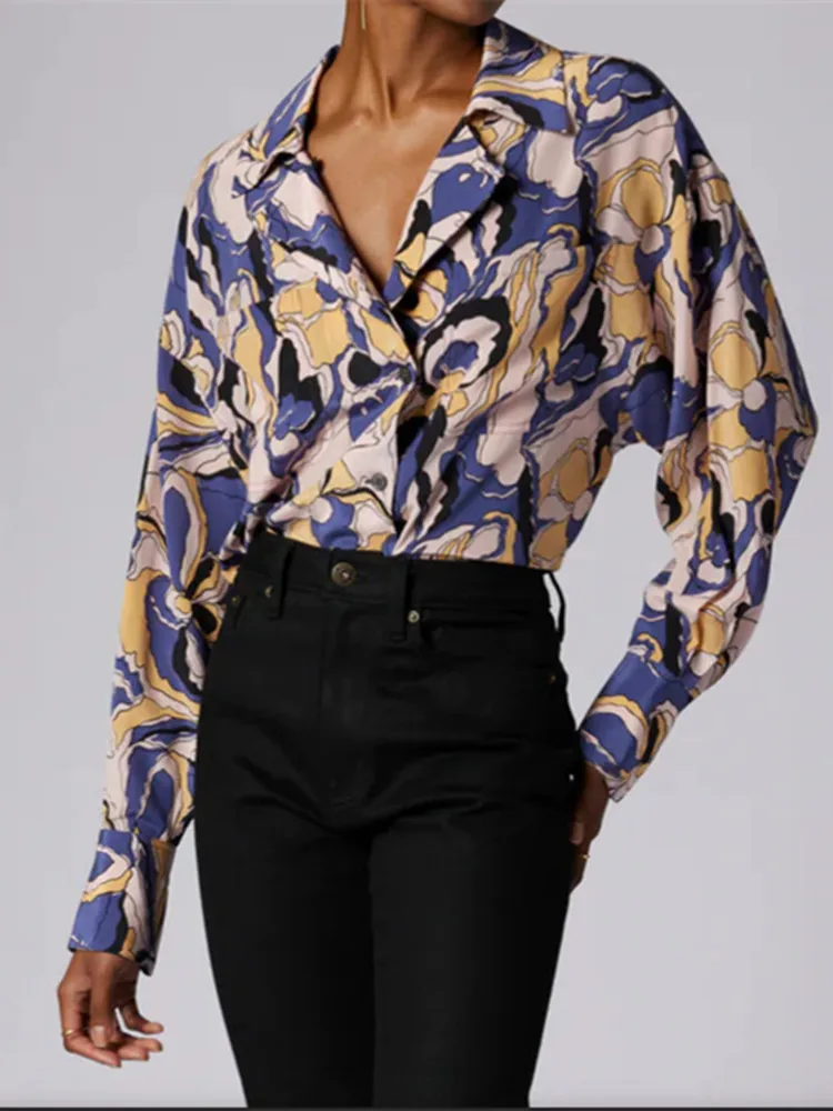 

Женская шелковая блузка с отложным воротником, однобортная элегантная мягкая рубашка во французском стиле с длинным рукавом и цветочным принтом, новинка 100%