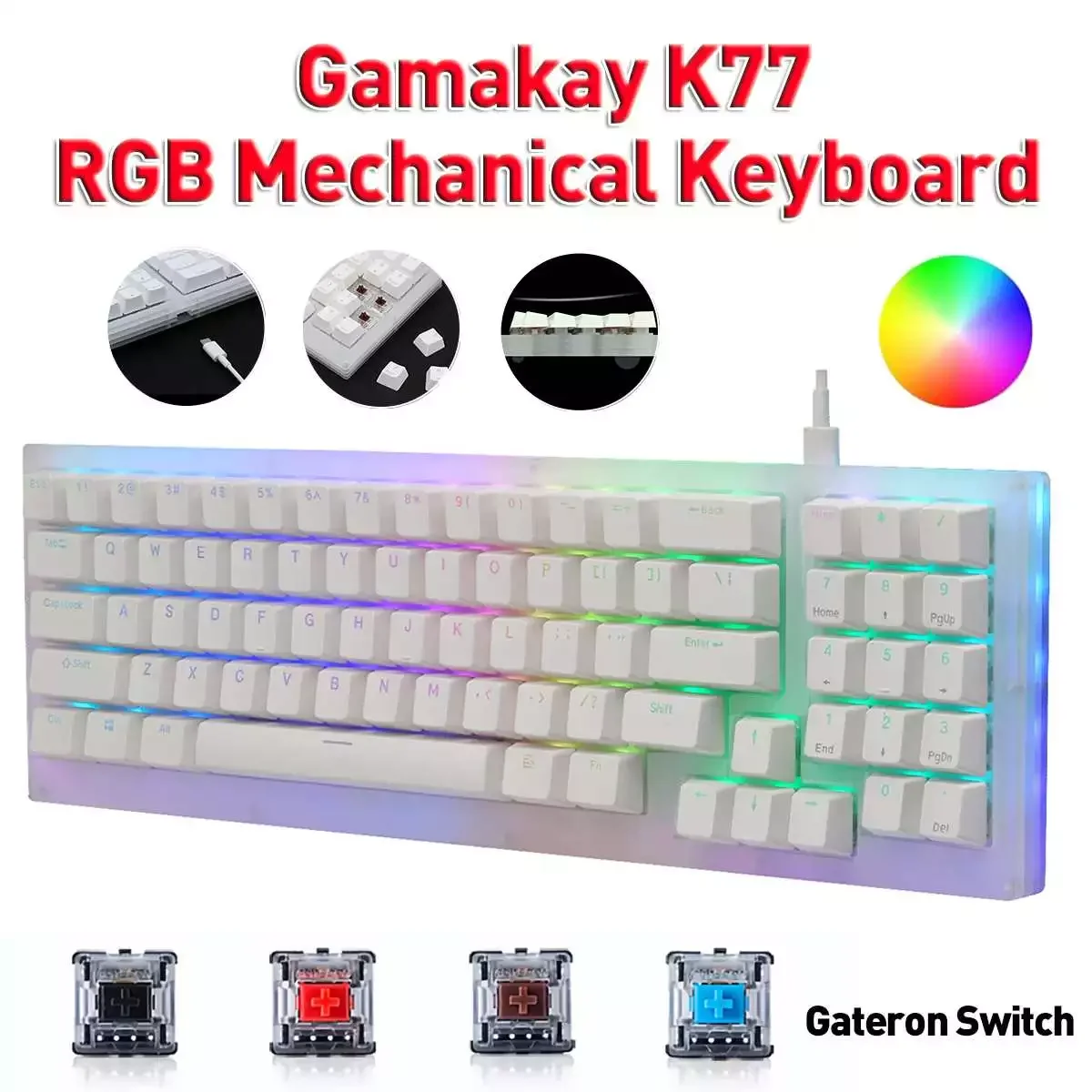 

Игровая клавиатура Gamakay K77, популярная Механическая Проводная клавиатура RGB Tyce-C, переключатель Gateron, NKRO, полупрозрачное стекло, 32K ROM