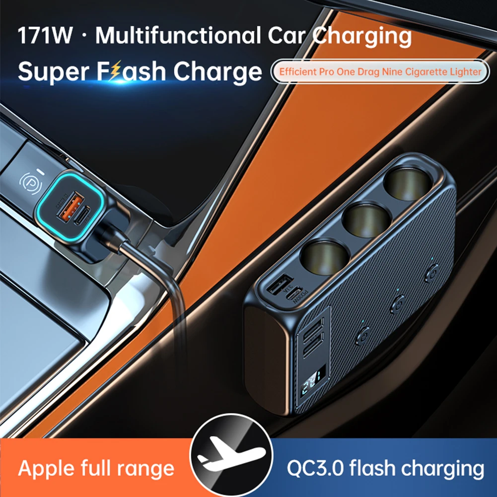 171W Cigarette Lighter Splitter 9In1 Car Charger Adapter with 4 USB and 2 Type-C 3 Socket PD30W Fast Charger Adapter with Switch
171W Cigarette Lighter Splitter 9In1 Car Charger Adapter with 4 USB and 2 Type-C 3 Socket PD30W Fast Charger Adapter with Switch